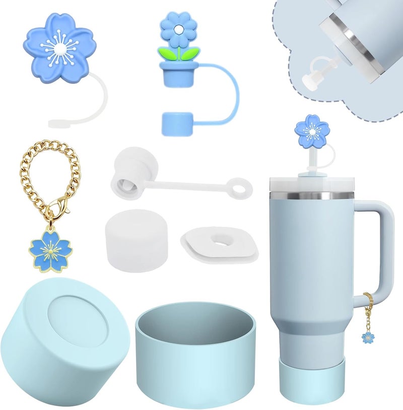 vikgle Stanley Cup Accessories Set,Including 2 Pcs 0.4in Straw Cover, 1 Silicone Spill-Proof Stopper Set of 3, 1 Cute Flower Handle Charm, 1 Silicone Boot Fits Stanley 40&30 Oz Tumbler (Blue) - Image 1